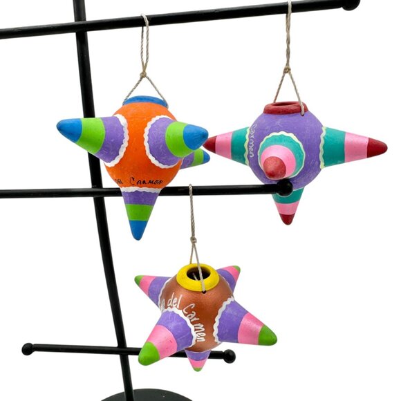 Playa del Carmen Mexican Clay Star Pinata Ornaments Set Of 3 Multicolor 3.5" Dia - Picture 2 of 5